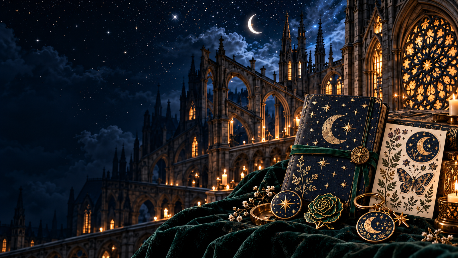 Illustrative handmade treasures on green velvet beneath Gothic cathedral arches and a starry sky